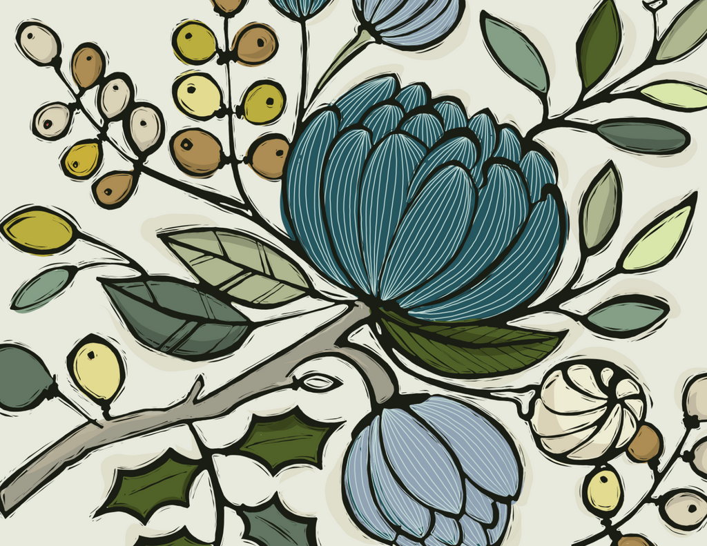 illustration of a large blue flower with greenery and light-coloured berries