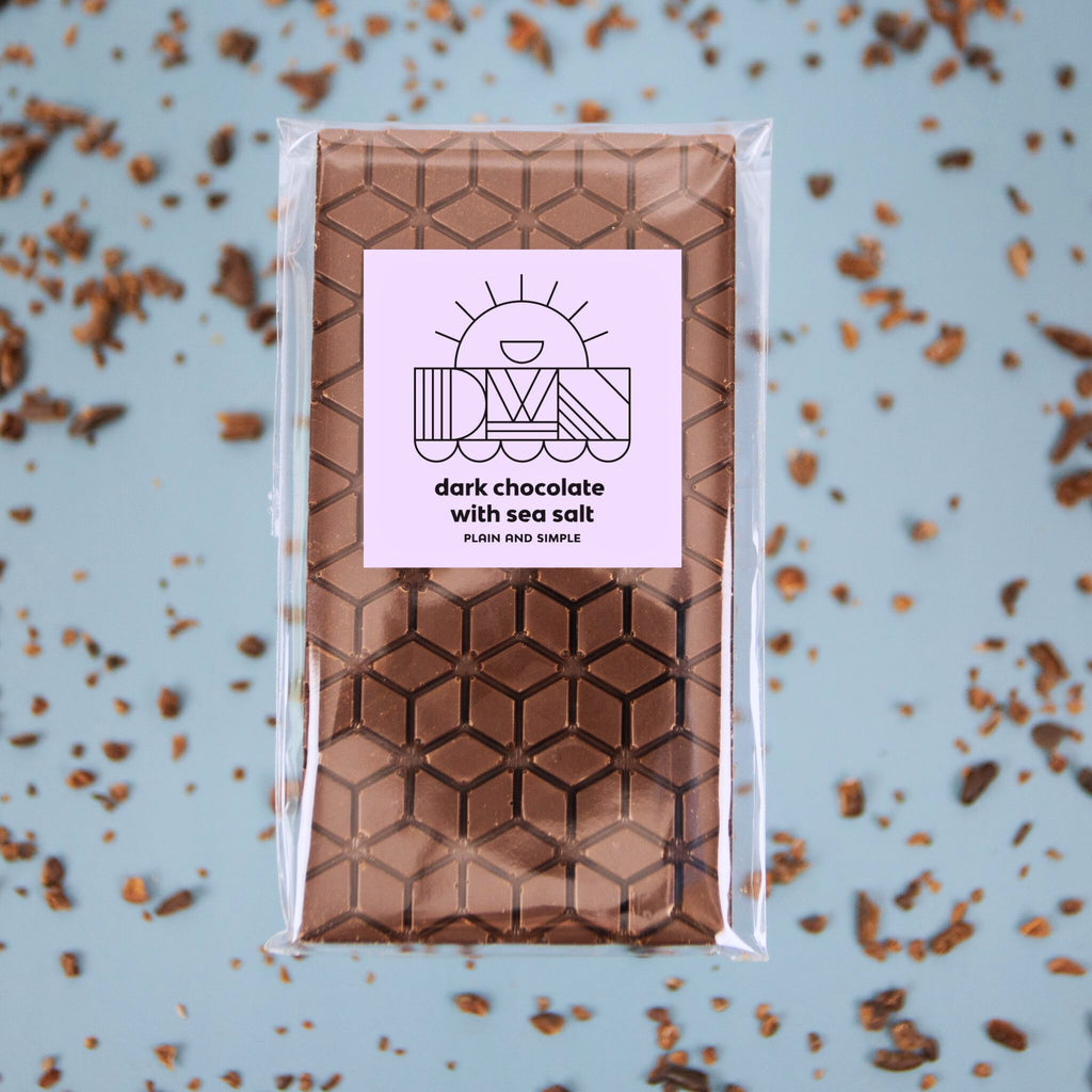 dark chocolate bar with sea salt in its package