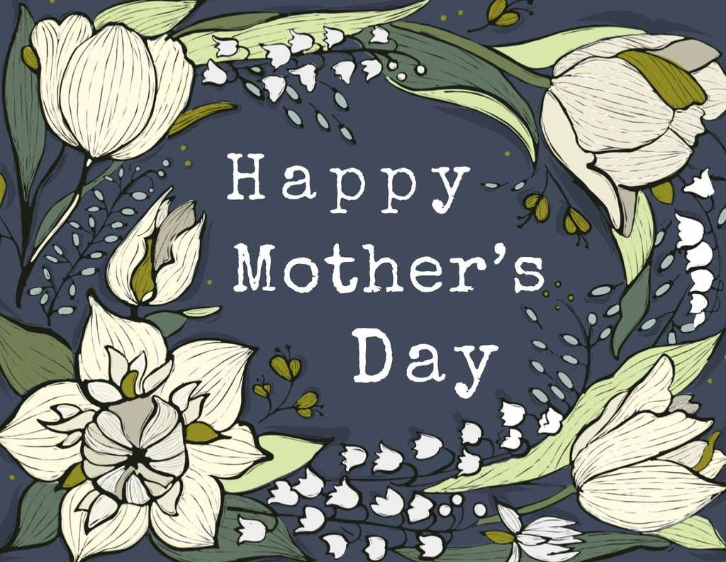illustration of four tulips on a dark blue background with the words, "Happy Mother's Day"