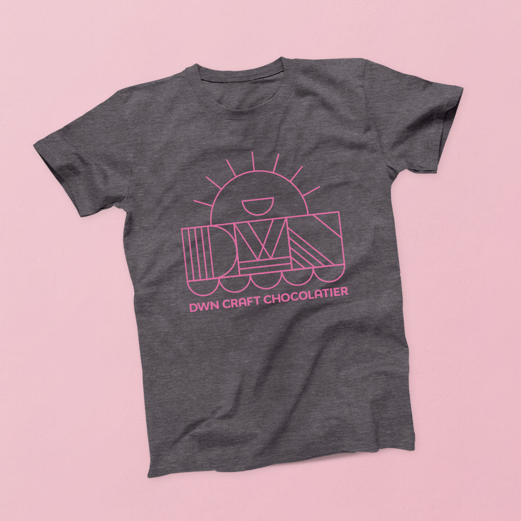 t-shirt in charcoal grey with a pink DWN sun logo