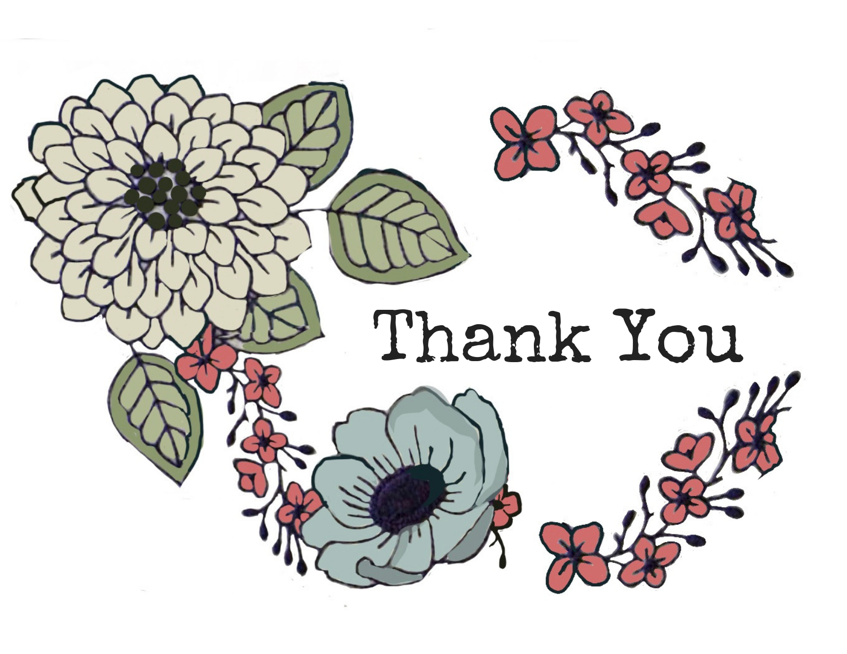 illustration of one large white flower, a medium blue flower and some small red flowers with black text that reads, "Thank You"