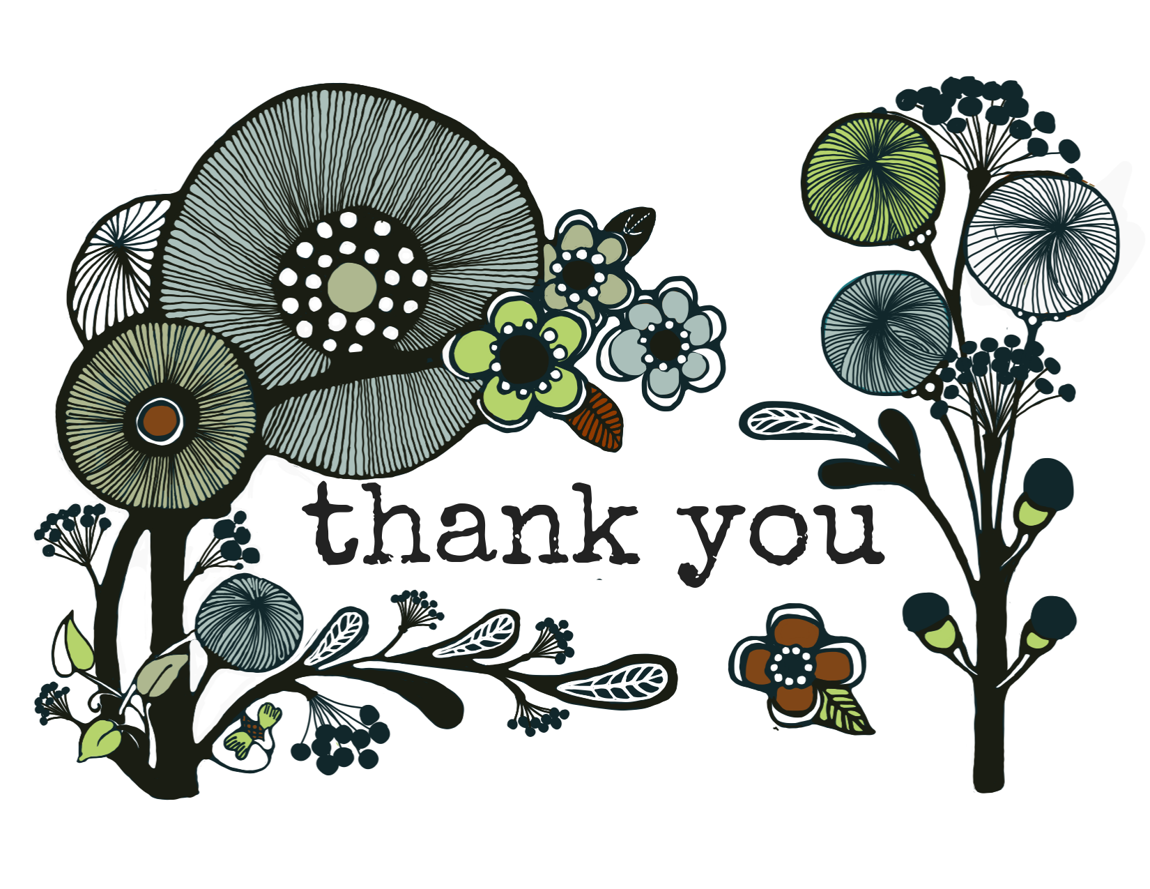 illustration of abstract green, turquoise and white flowers on stems with text that reads, "thank you"