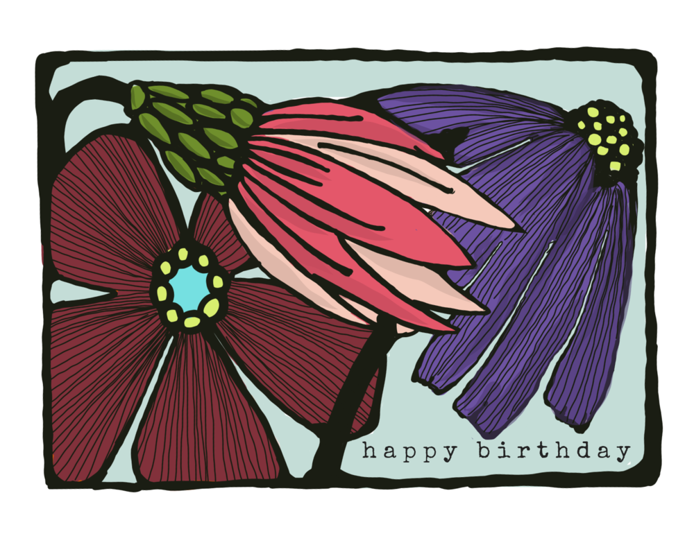 an illustration of one red, one pink and one purple cornflower on a light blue background with a black border and black text that reads, "happy birthday"