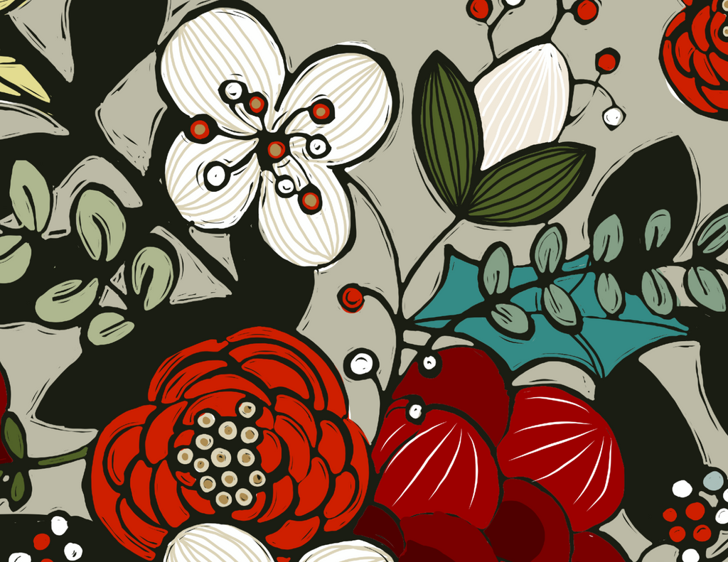 illustration of a variety of red and white florals with greenery