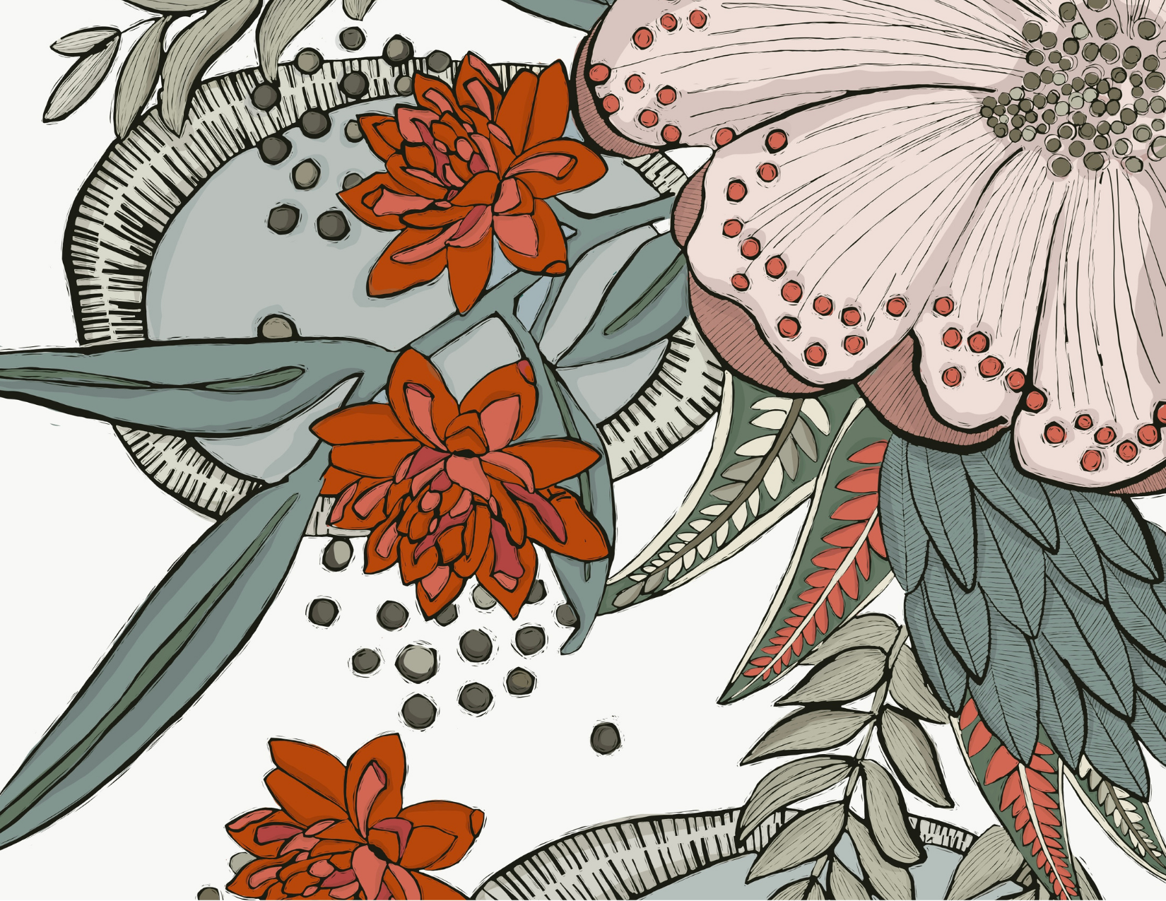 illustrations of small orange flowers, a large pink flower and lots of greenery