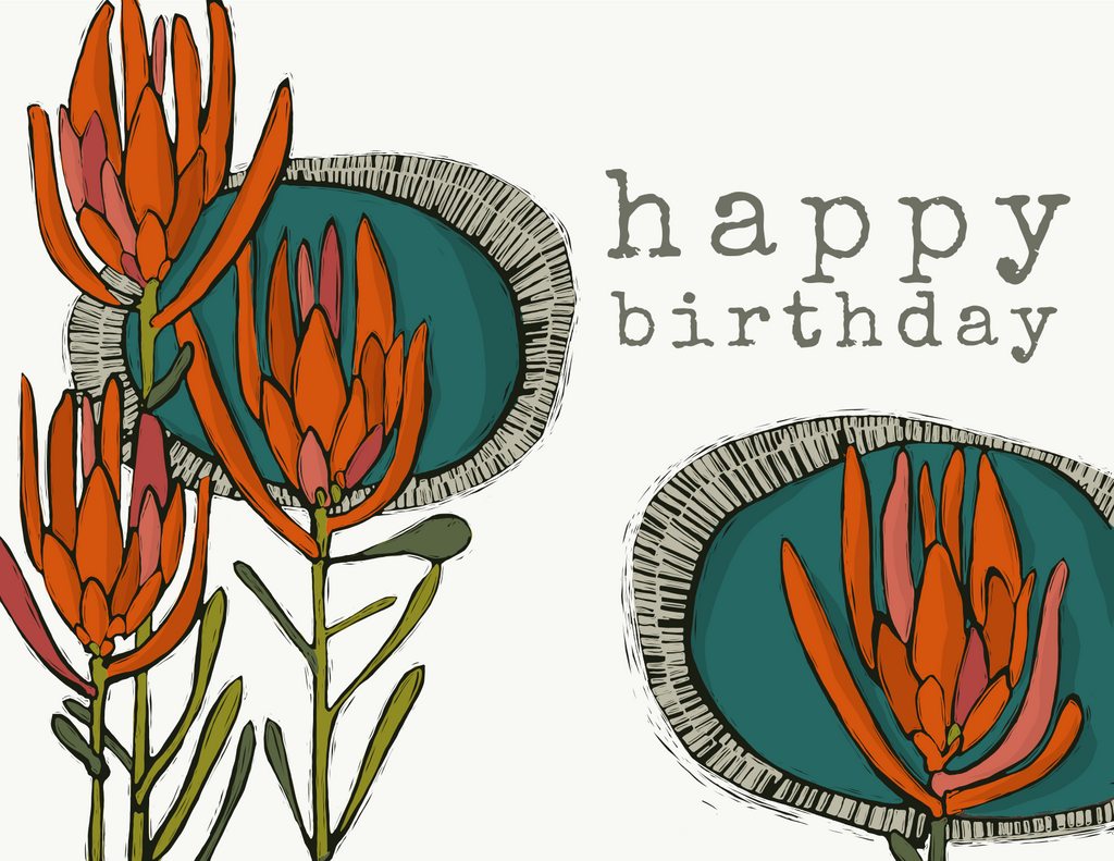 illustration of four orange proteas with two turquoise background areas with text that reads, "happy birthday"