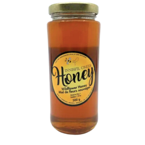 a 500g jar of 100% wildflower honey from Innnisfil Creek Honey