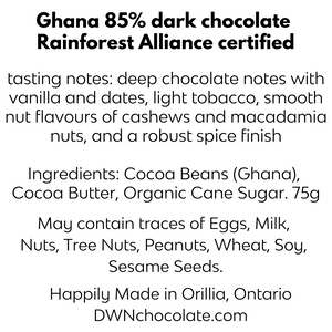 85% single origin dark chocolate bar from Ghana ingredient label