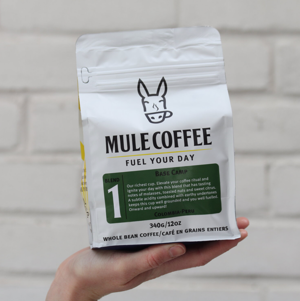 340g Base Camp Mule coffee white pouch with green label