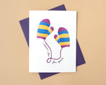 Load image into Gallery viewer, Greeting card with colourful striped mittens on a beige background with text, never too far apart
