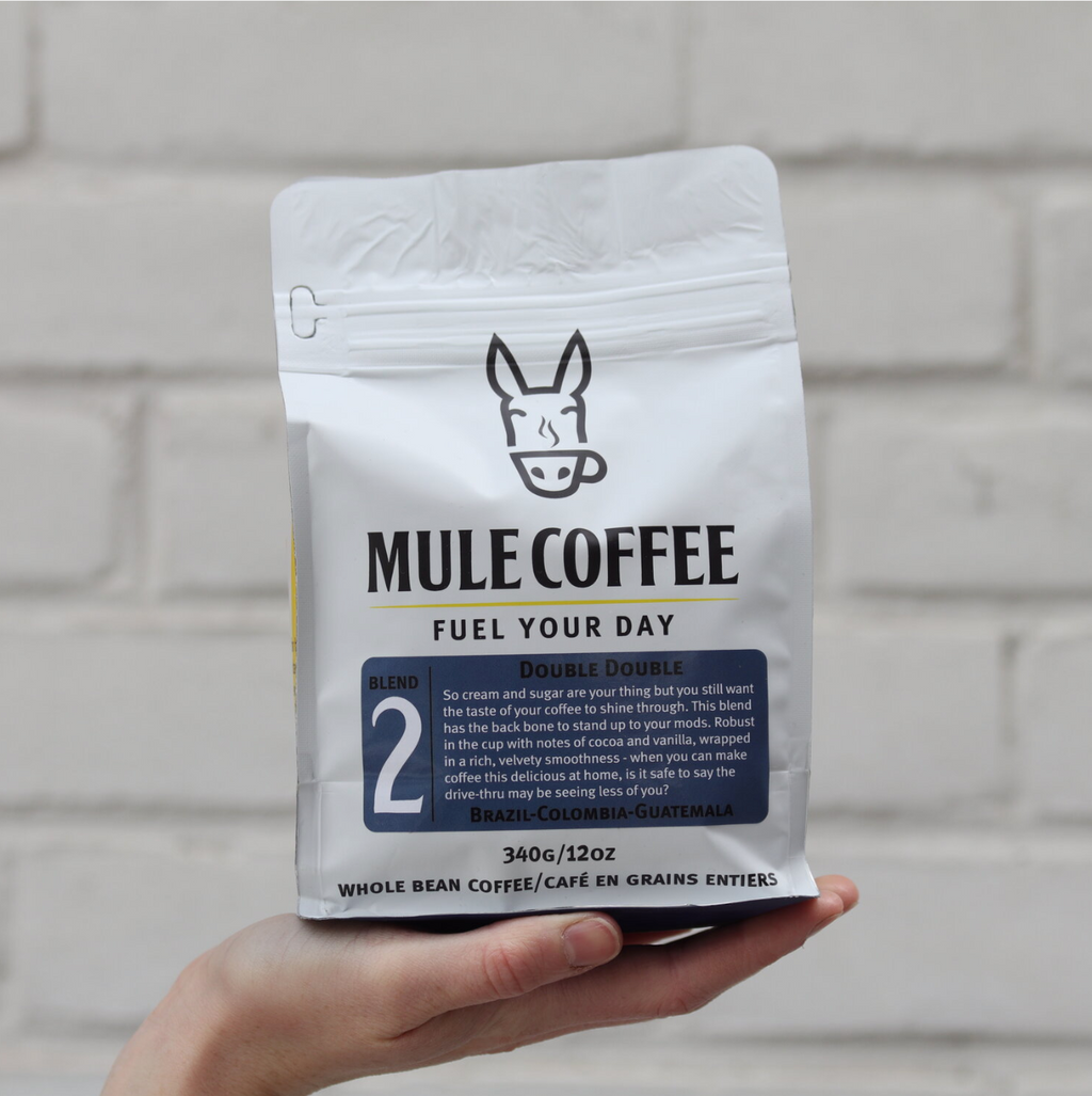 340 g Double Double Mule coffee white pouch with dark blue label