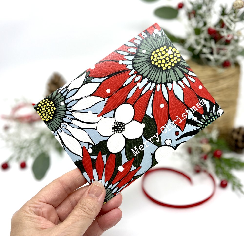 big red poinsettia holiday card