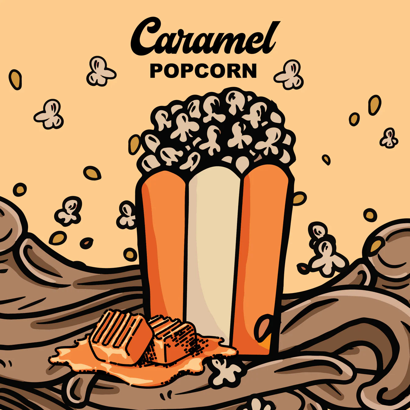 Illustration of caramel popcorn with a vintage style on a beige background.