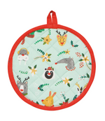 Load image into Gallery viewer, round quilted potholder with bright red trim and hanging loop, featuring a pale mint-green background decorated with whimsical woodland animals dressed as Rudolph
