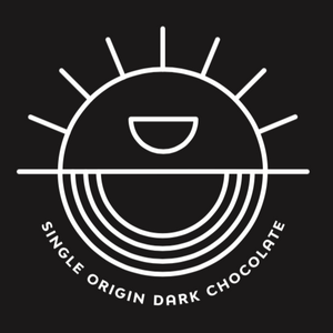 black background with white DWN sun logo and text that reads, "single origin dark chocolate"