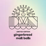 Load image into Gallery viewer, ombré background of pink into yellow into blue with black text that reads, &quot;limited edition gingerbread malt balls&quot; with a snowflake DWN logo
