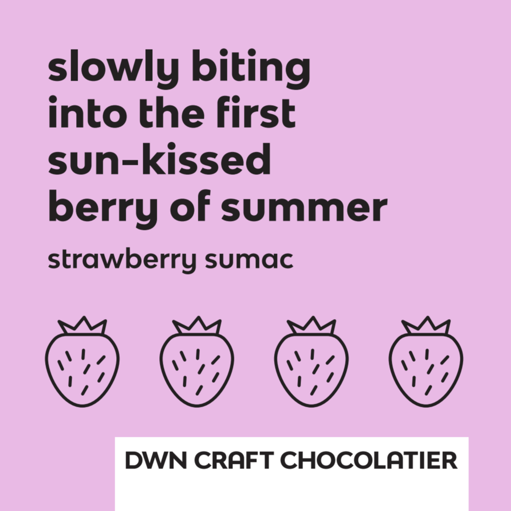 purple background with black text that reads, "slowly biting into the first sun-kissed berry of summer. strawberry sumac."