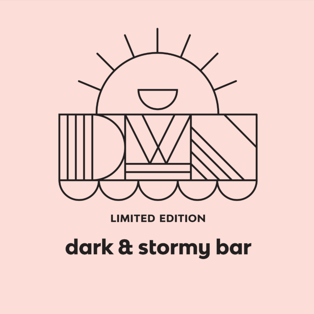 peach background with a DWN sun logo and text that reads, "limited edition. dark and stormy bar"