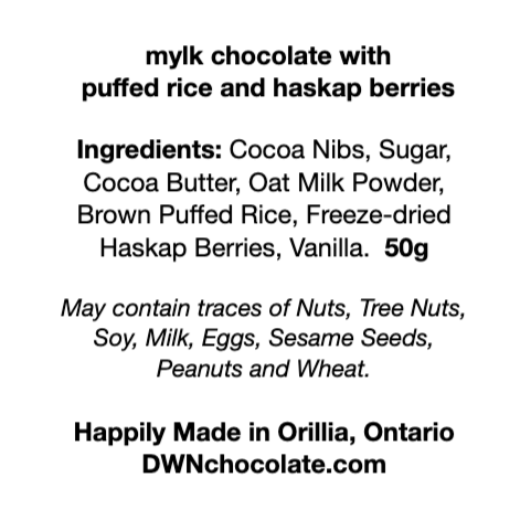 the ingredient label for the mylk chocolate bar with puffed rice and haskap berries