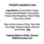 Load image into Gallery viewer, ingredient label for the rhubarb raspberry rose chocolate bar
