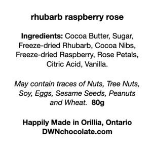ingredient label for the rhubarb raspberry rose chocolate bar