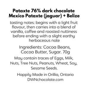 ingredient label for the the Pataxte 76% dark chocolate bar