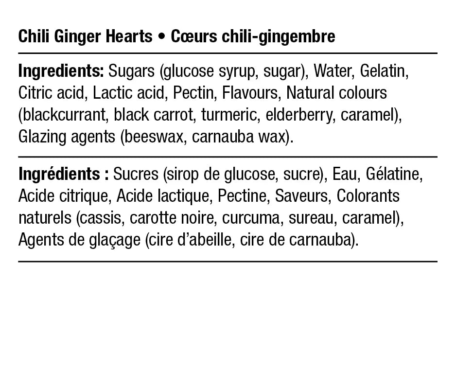 Ingredients list for Chili Ginger Hearts with both English and French translations on a white background.