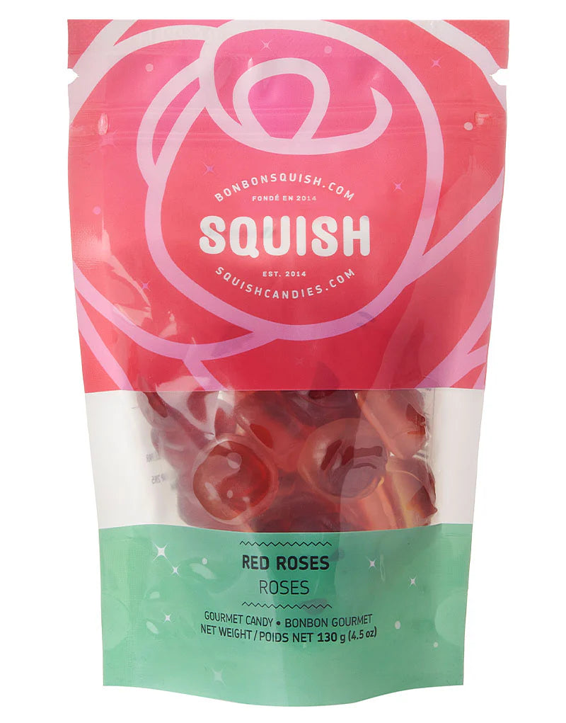 Squish candy package with red roses on a white background