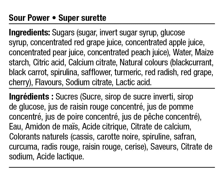 Ingredients list for Sour Power candy on a white background