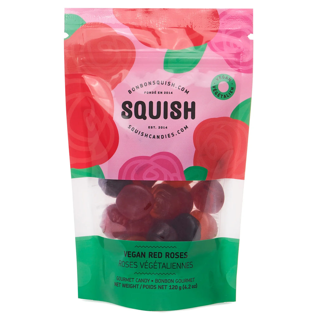 Squish vegan red roses gummy candy package on a white background