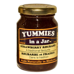 Load image into Gallery viewer, A 125ml jar of Yummies in a Jar strawberry and rhubarb jam on a white background
