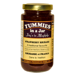 Load image into Gallery viewer, A 250ml jar of Yummies in a Jar strawberry and rhubarb jam on a white background
