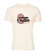 Load image into Gallery viewer, natural t-shirt with 'Orillia, Ontario The Sunshine City' graphic design on a white background

