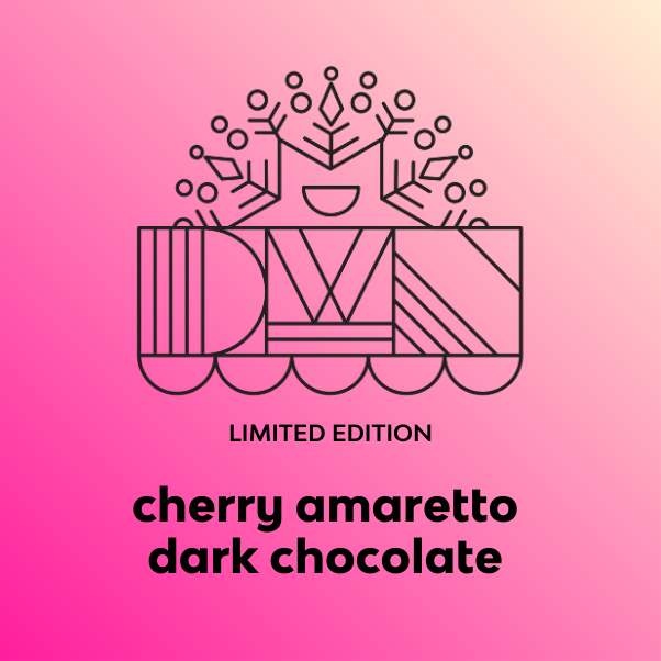 DWN chocolate bar packaging with 'Limited Edition Cherry Amaretto Dark Chocolate' text on a pink background
