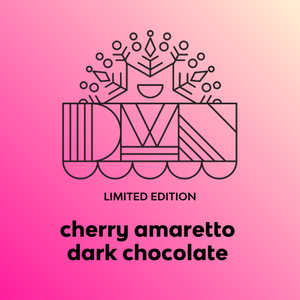DWN chocolate bar packaging with 'Limited Edition Cherry Amaretto Dark Chocolate' text on a pink background