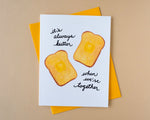 Load image into Gallery viewer, Card with bread slices and butter, text &#39;it&#39;s always butter when we&#39;re together&#39;, on a beige background
