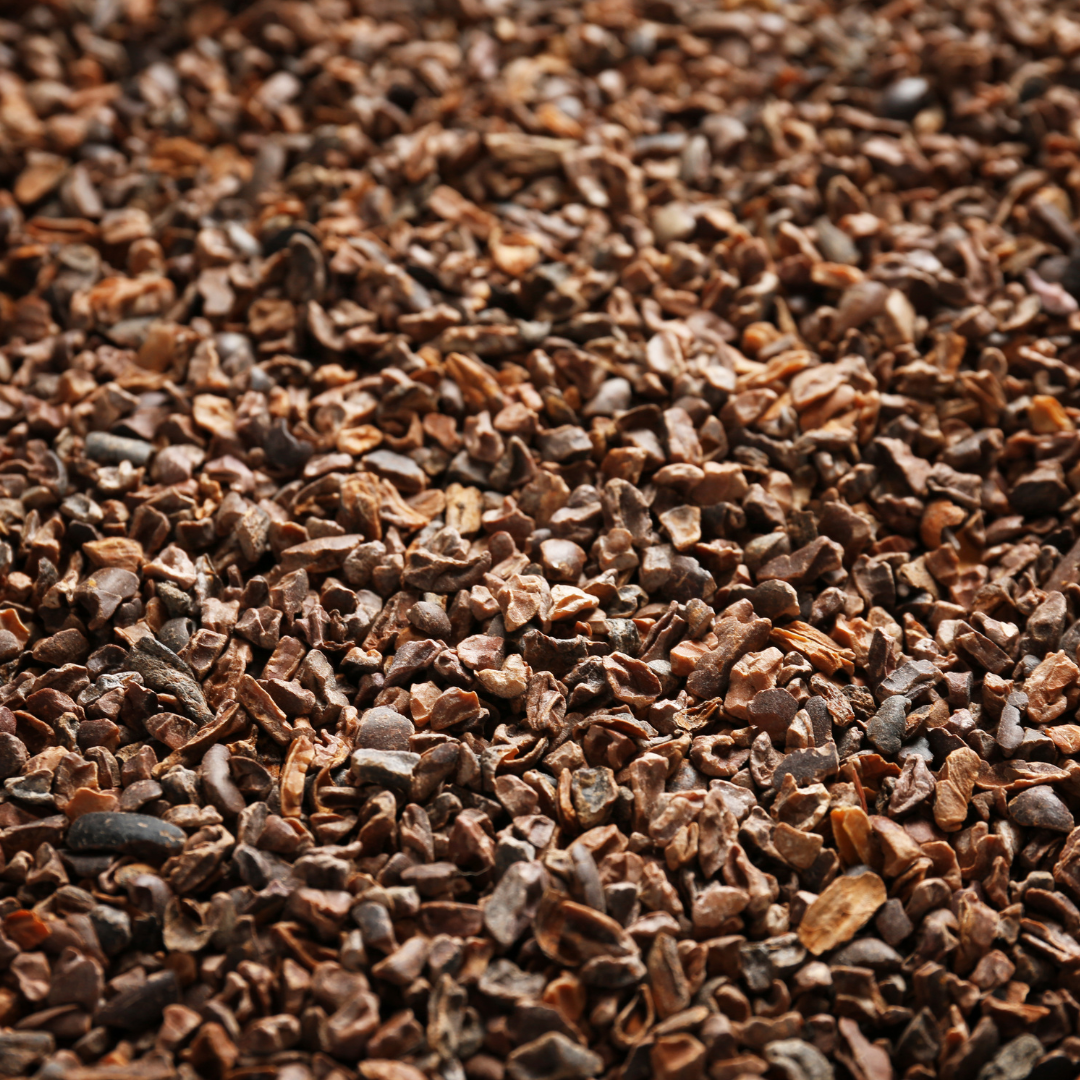 Close-up of a pile of roasted cocoa nibs