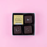 Load image into Gallery viewer, box of dark chocolate salted caramels with a DWN Chocolate label on a pink background
