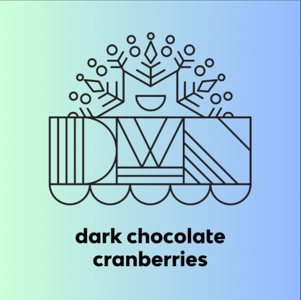 Logo with geometric design on a gradient background, labeled 'dark chocolate cranberries'