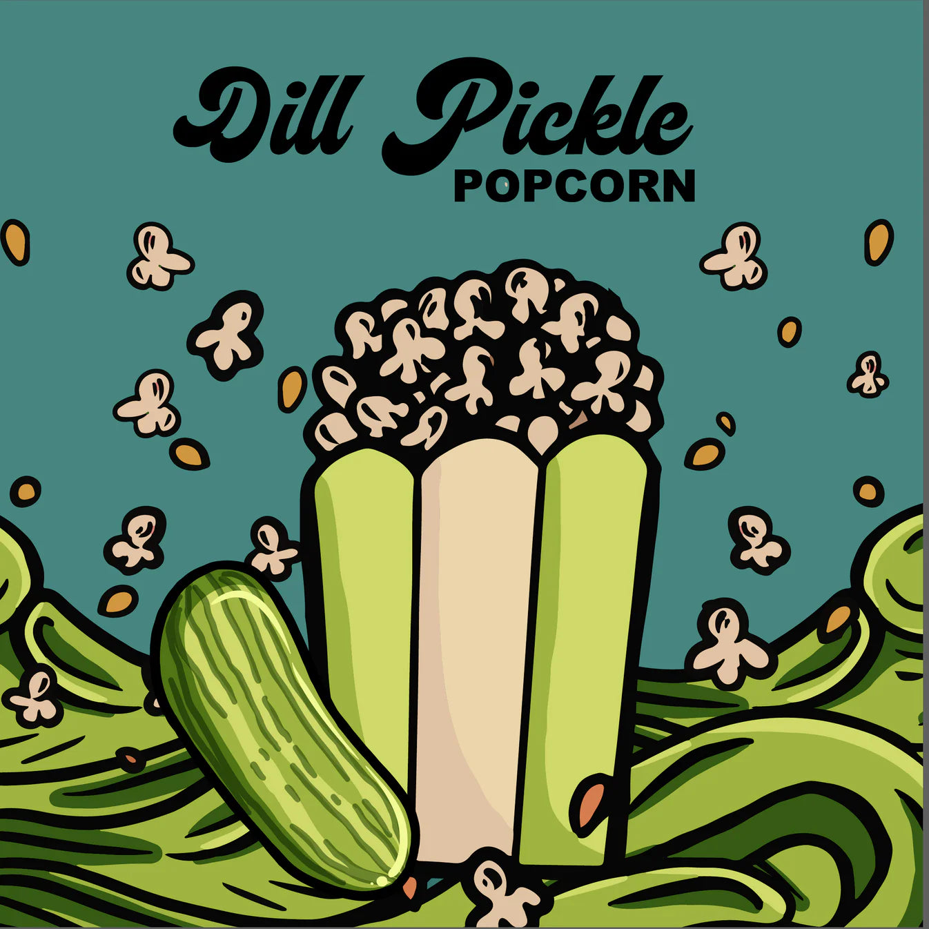 Dill Pickle Popcorn packaging with an illustrated pickle and popcorn on a teal background