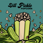 Load image into Gallery viewer, Dill Pickle Popcorn packaging with an illustrated pickle and popcorn on a teal background

