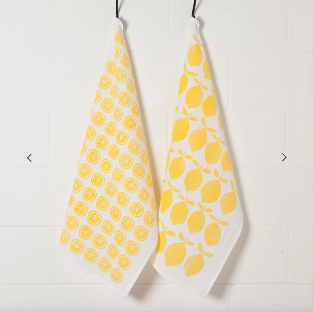 yellow print lemon tea towels set of 2 hanging