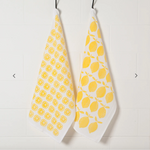 Load image into Gallery viewer, yellow print lemon tea towels set of 2 hanging
