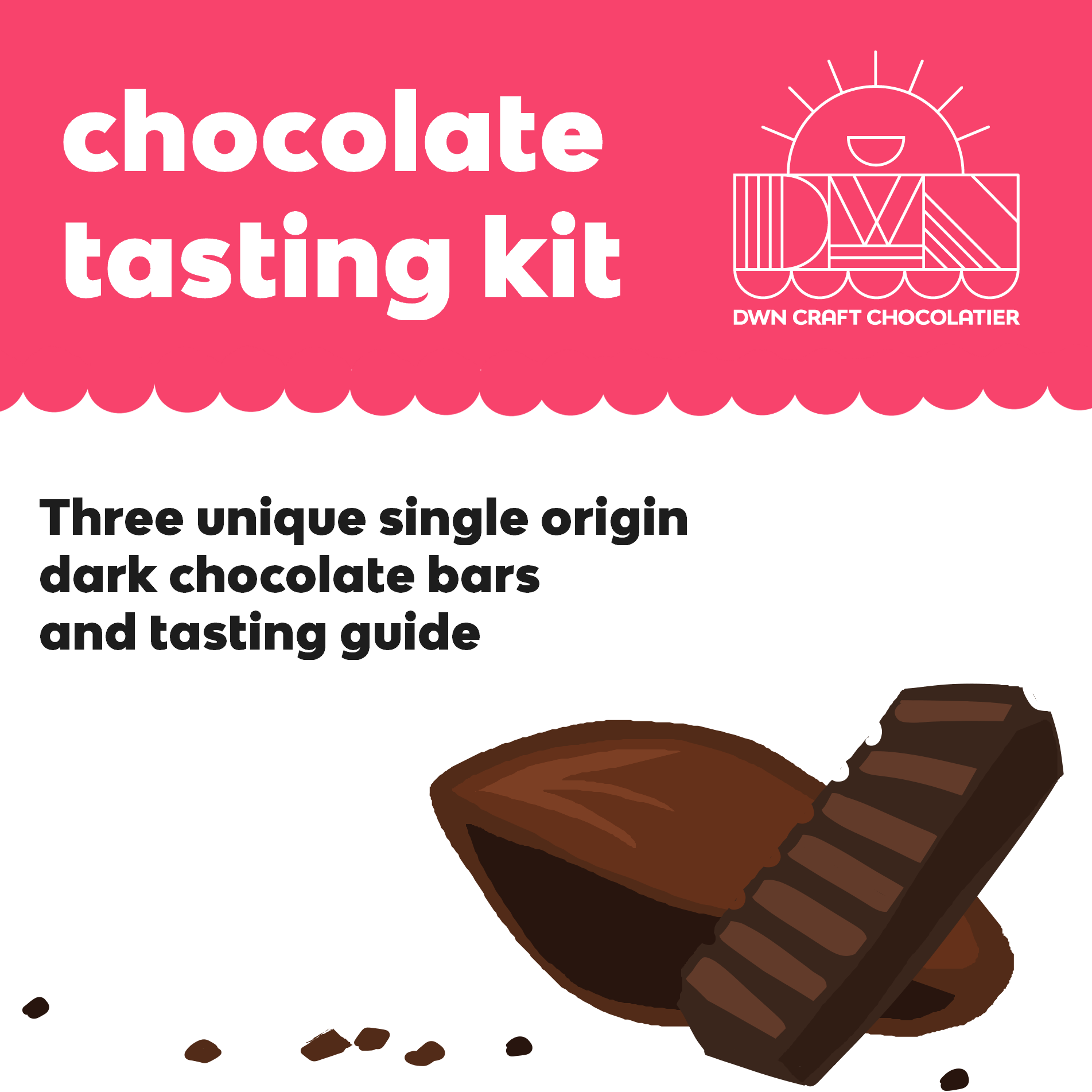 the front page of the chocolate tasting guidebook with text that reads, "chocolate tasting kit. three unique single origin dark chocolate bars and tasting guide"