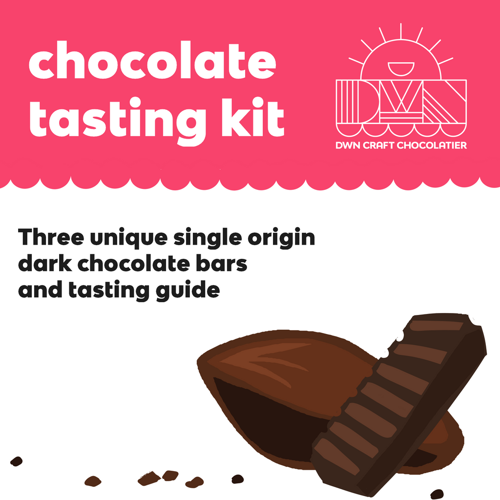 the front page of the chocolate tasting guidebook with text that reads, "chocolate tasting kit. three unique single origin dark chocolate bars and tasting guide"