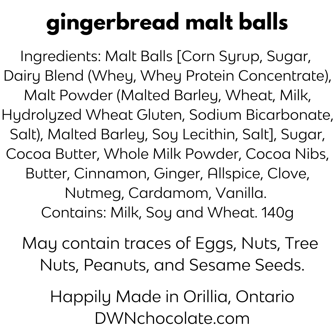 Ingredients list for gingerbread malt balls on a white background