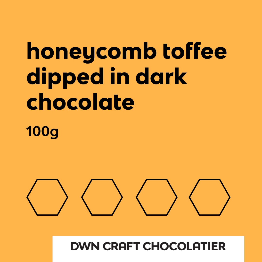Product label for honeycomb toffee dipped in dark chocolate with a yellow background and 'DWN Craft Chocolatier' branding