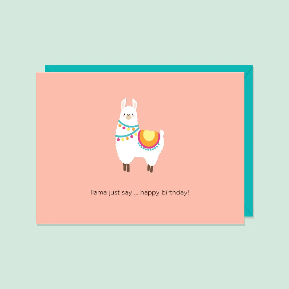 Greeting card with a llama illustration and text on a light blue background