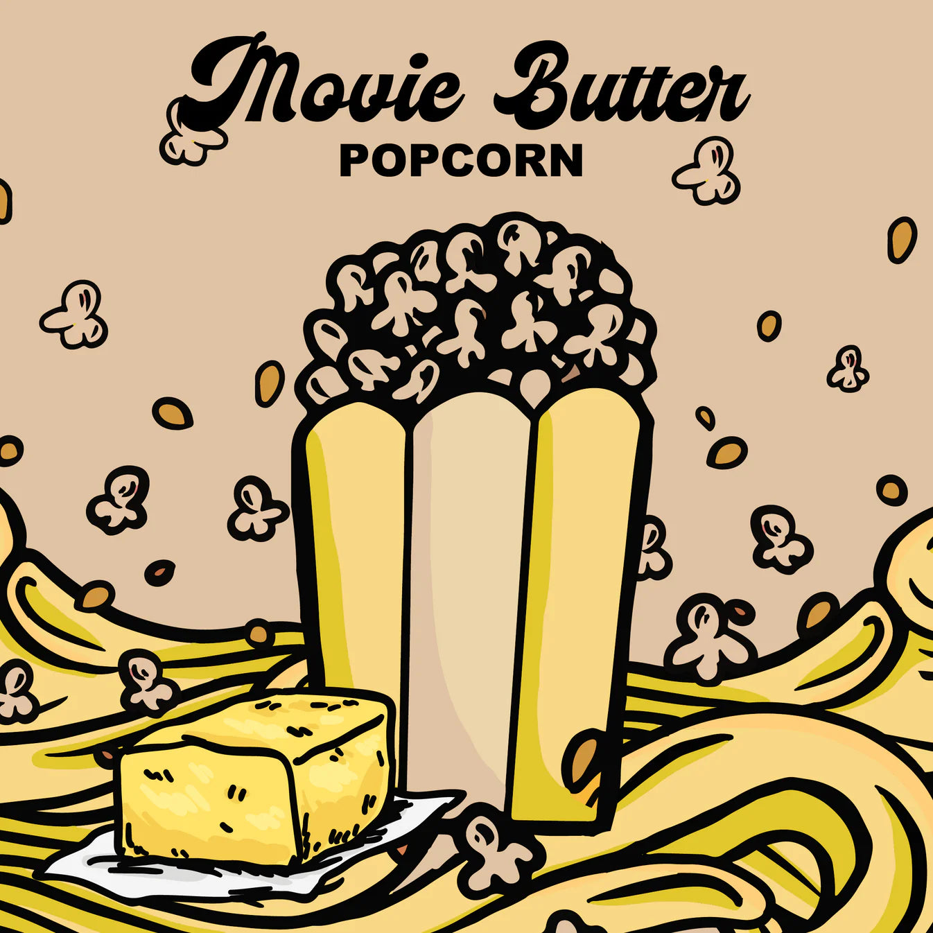 Illustration of popcorn and butter with 'Movie Butter Popcorn' text on a beige background