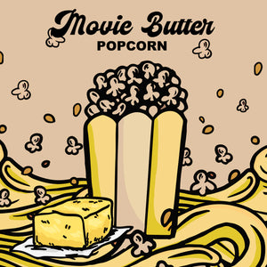 Illustration of popcorn and butter with 'Movie Butter Popcorn' text on a beige background